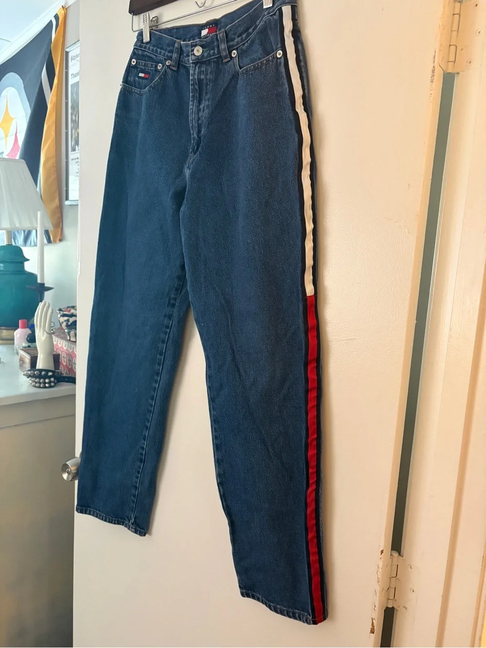 Vintage Tommy Hilfiger Navy Jeans with Red & White Side Stripes